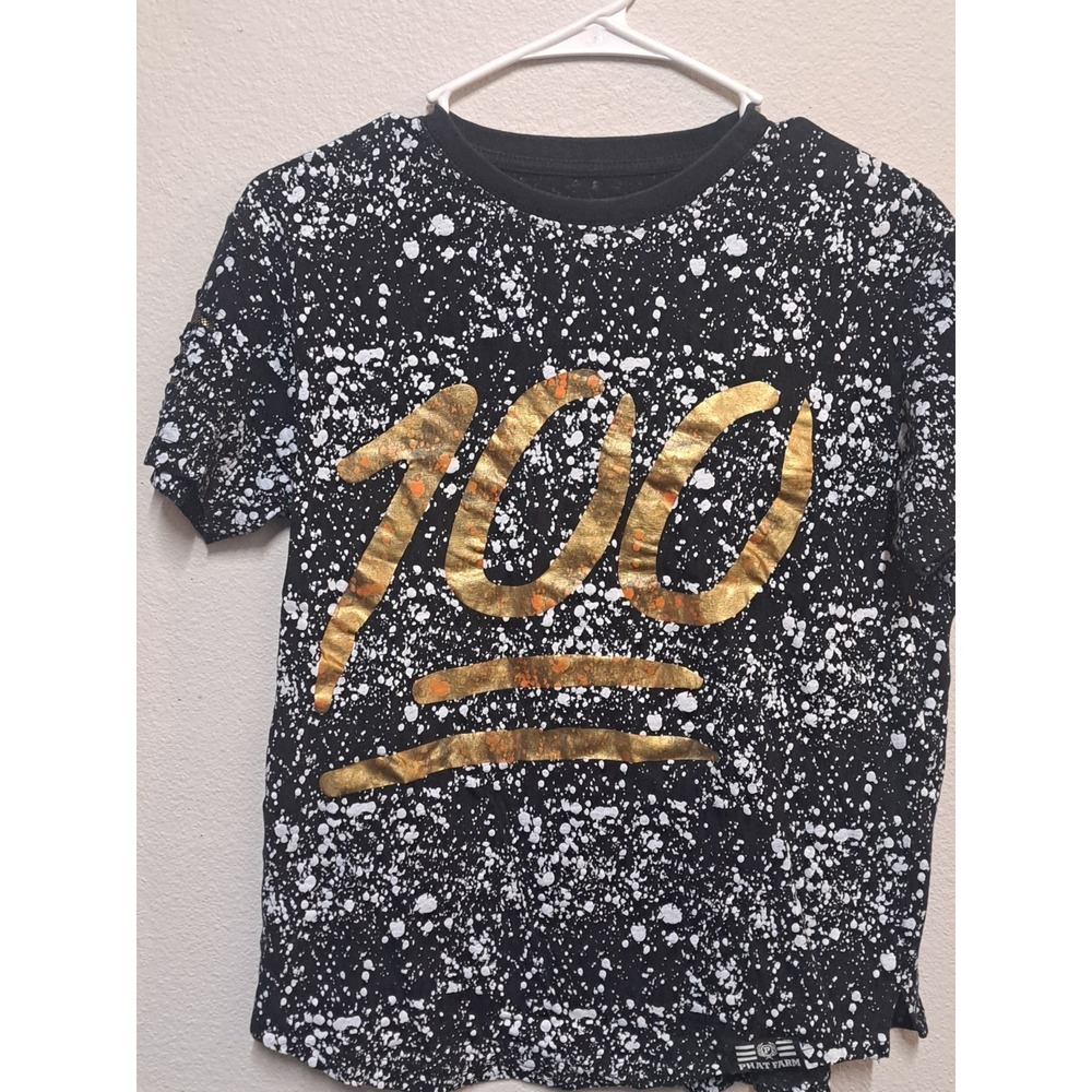 Phat Farm 100 Graphic T Shirt Black Splatter Youth L 14-16 Mesh Sleeve